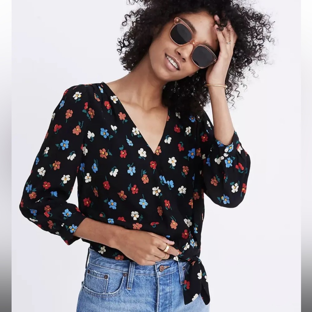 Madewell Black Colorful Floral Wrap Top